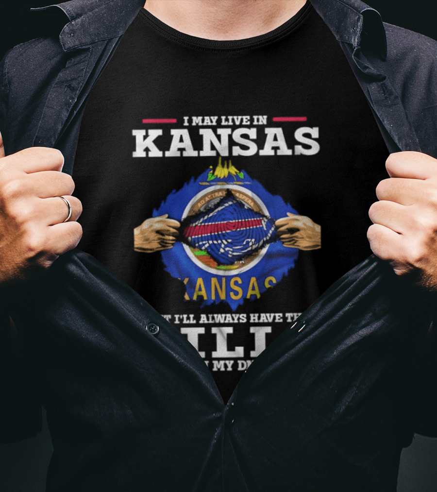 I May Live In Kansas But I'll Always Have The Bills In My DNA Kansas Seal Bills NFL Football T-Shirt