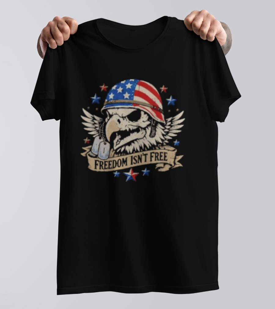 Distressed Eagle Skull Freedom Isn't Free Patriotic American Flag Helmet Stars T-Shirt