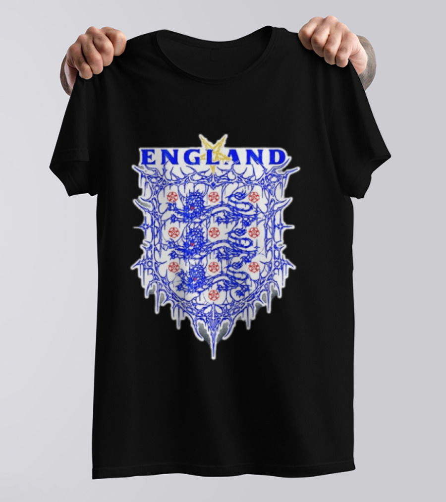 England Metal Crest Three Lions Emblem With Gothic Motif T-Shirt