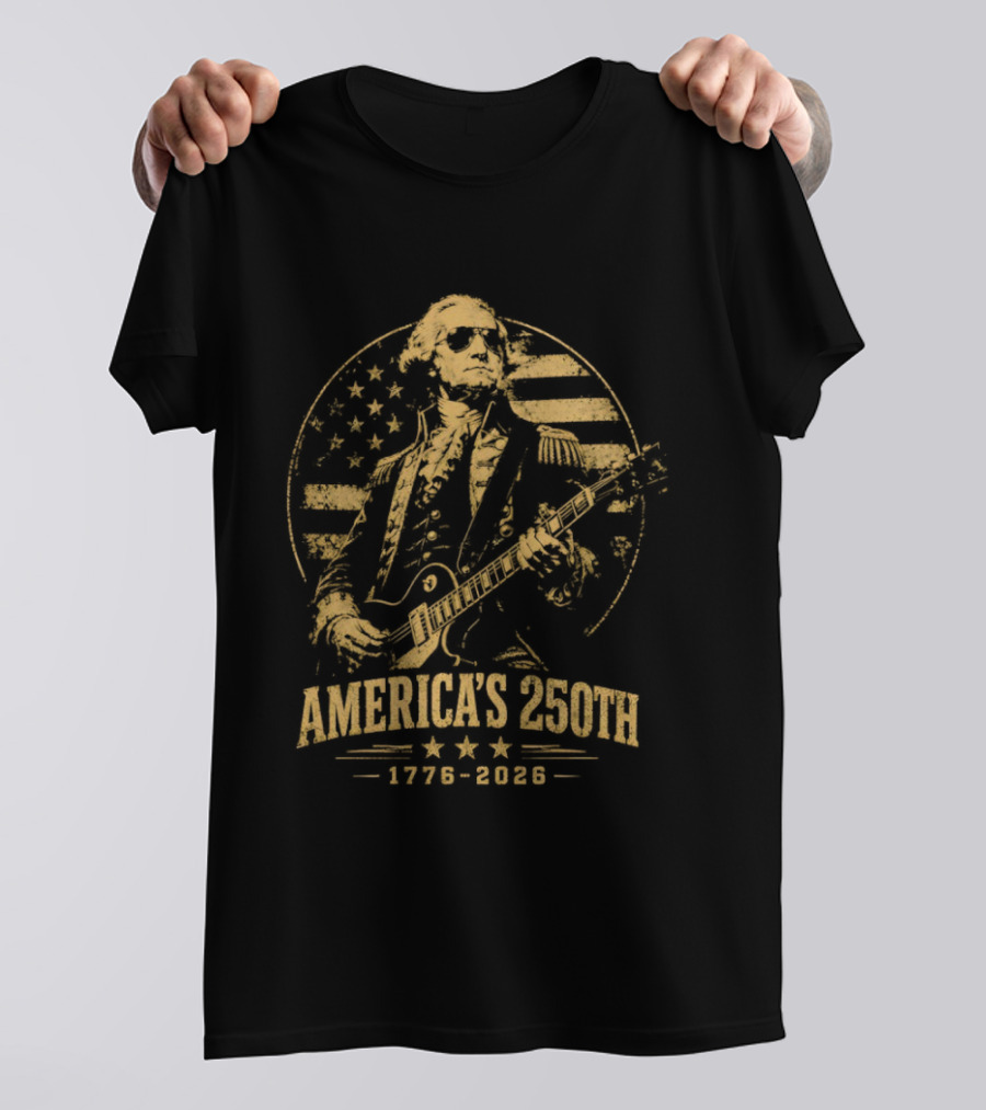 George Washington America's 250th 1776 2026 Rock And Roll Guitar USA Flag T-Shirt