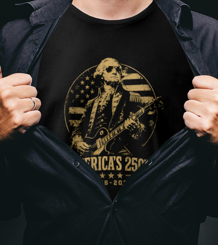 George Washington America's 250th 1776 2026 Rock And Roll Guitar USA Flag T-Shirt