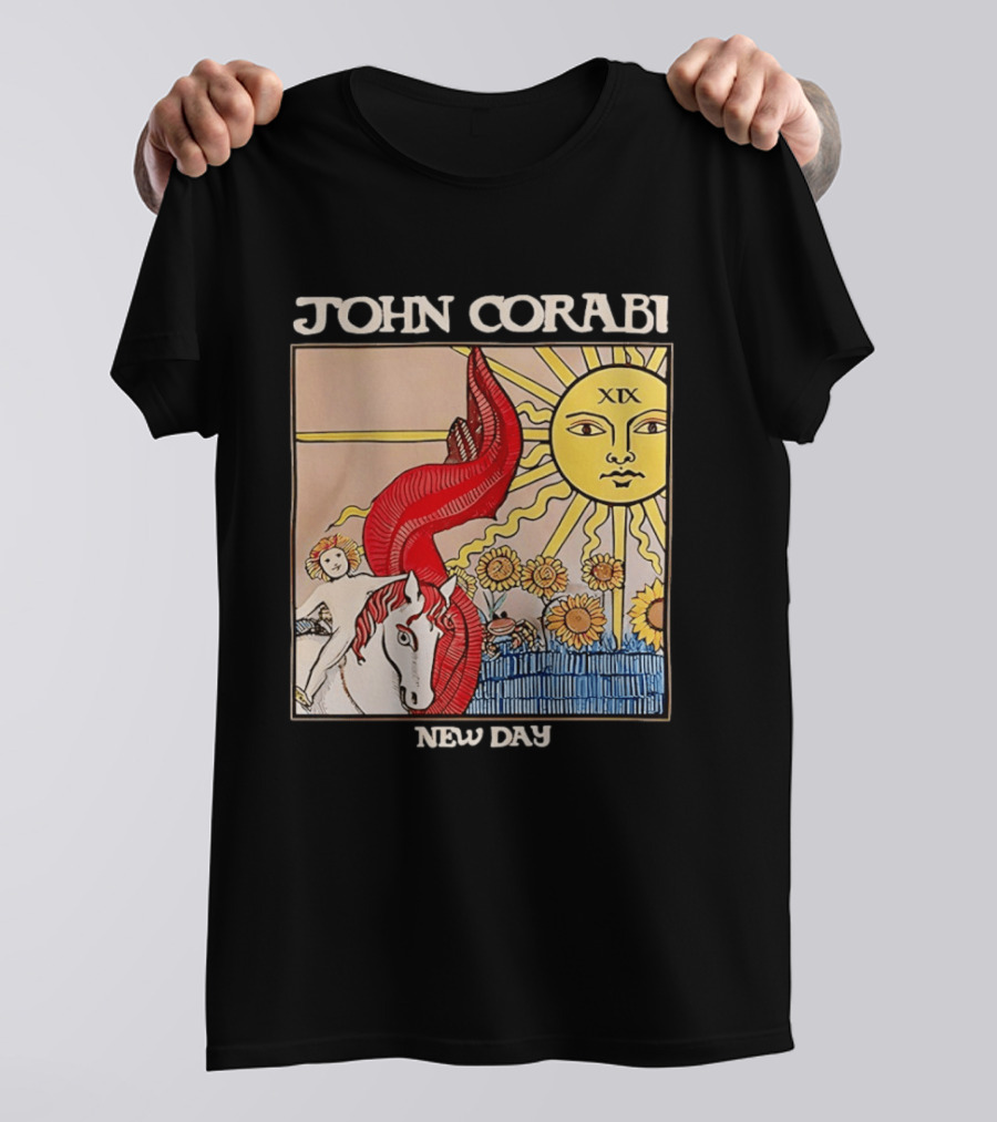 John Corabi New Day The Sun XIX Tarot Card Rider And Sunflowers T-Shirt