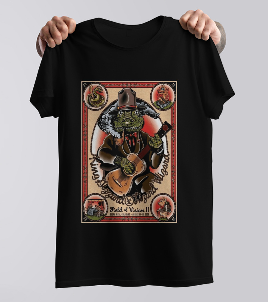 King Gizzard And The Lizard Wizard Field Of Vision II August 14 16 2026 Illustration With Lizard Playing Guitar T-Shirt