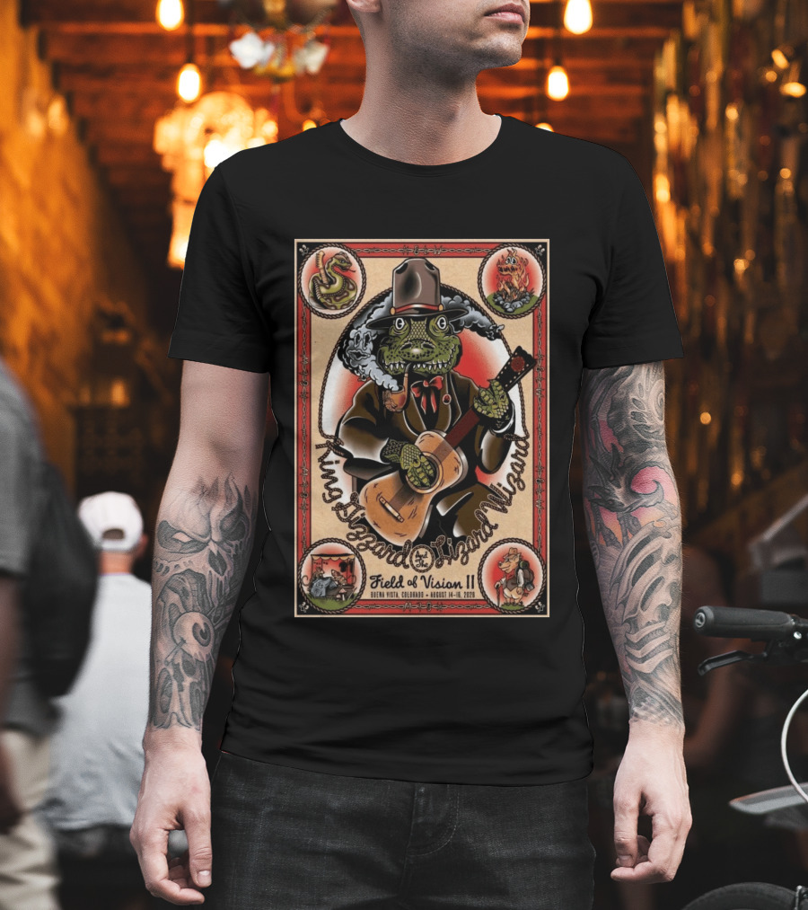 King Gizzard And The Lizard Wizard Field Of Vision II August 14 16 2026 Illustration With Lizard Playing Guitar T-Shirt