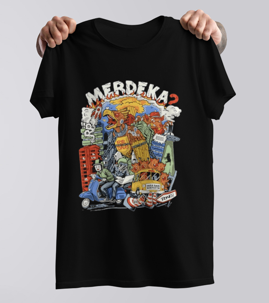 Merdeka Para Babi Berpesta Satire Indonesian Illustration With Cityscape And Mythical Creatures T-Shirt