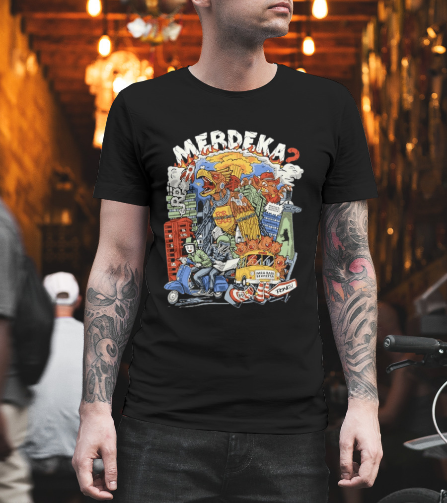 Merdeka Para Babi Berpesta Satire Indonesian Illustration With Cityscape And Mythical Creatures T-Shirt