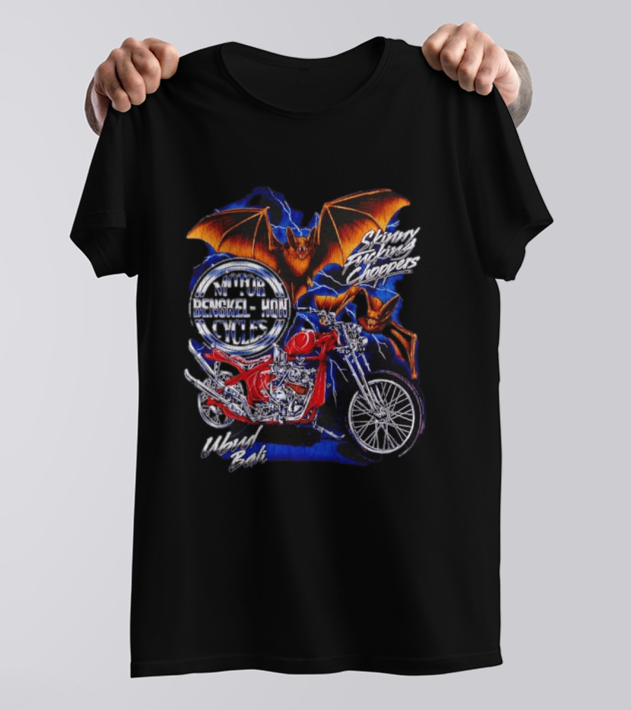Jhon Cycles Motor Bengkel Skinny Choppers Ubud Bali Motorcycle With Bats T-Shirt