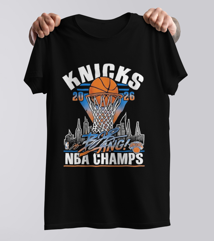Knicks 2026 NBA Champs Bang NYC Skyline Basketball Net Victory T-Shirt