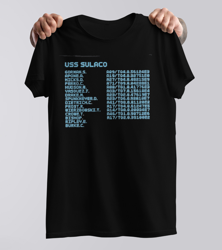 USS Sulaco Personnel Roster Aliens Ripley Hicks Hudson Vasquez Gorman Bishop T-Shirt