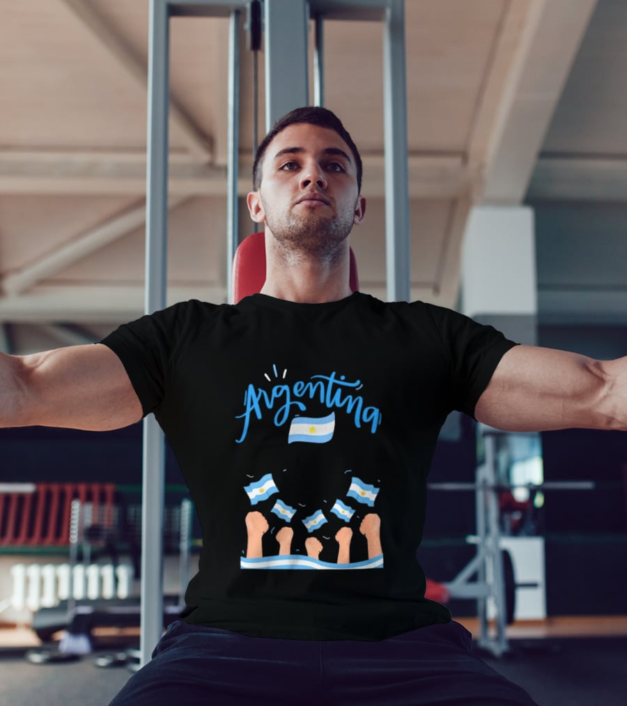 Argentina Celebration Raised Fists Waving Flags Enthusiastic Spirit T-Shirt