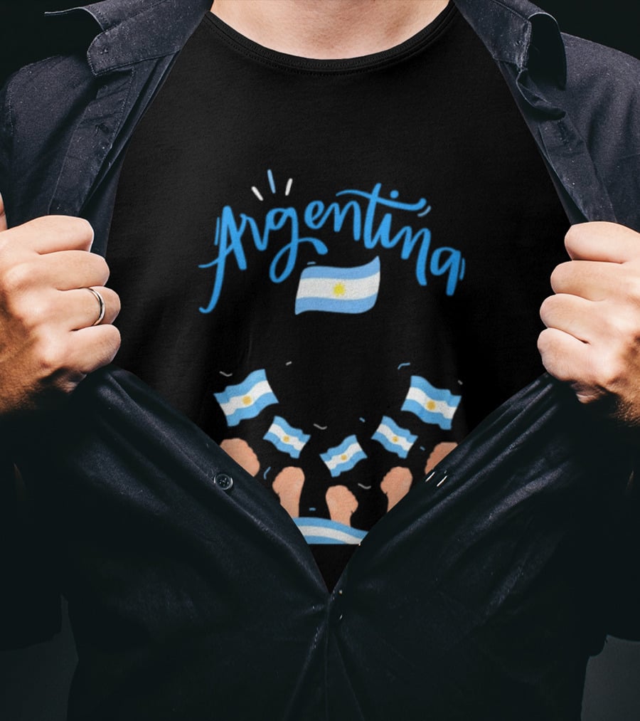 Argentina Celebration Raised Fists Waving Flags Enthusiastic Spirit T-Shirt