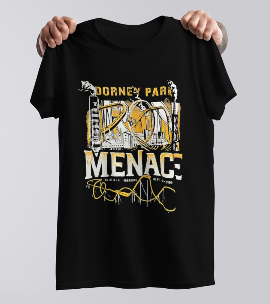 Dorney Park Iron Menace 64 Mph 4 Inversions 160 Ft Tall 2169 Ft Industrial Adventure T-Shirt