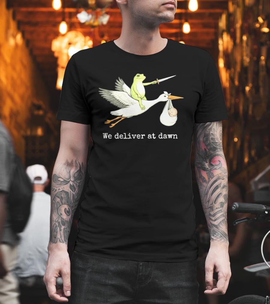 Frog Riding Stork With Sword We Deliver At Dawn T-Shirt