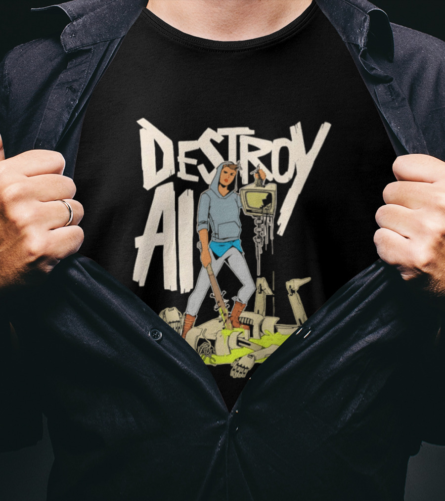 Destroy AI Sci Fi Cyberpunk Robot Resistance Heroic Battle Scene T-Shirt