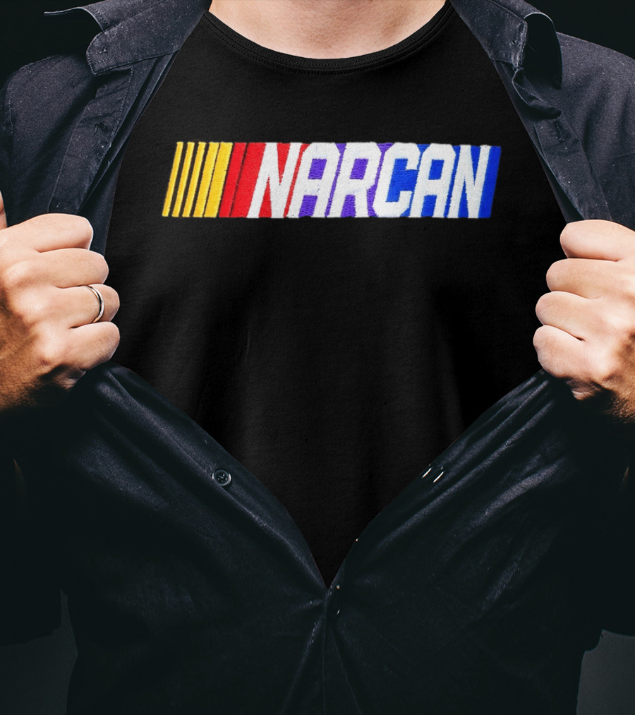NASCAR Style NARCAN Text With Racing Stripes T-Shirt