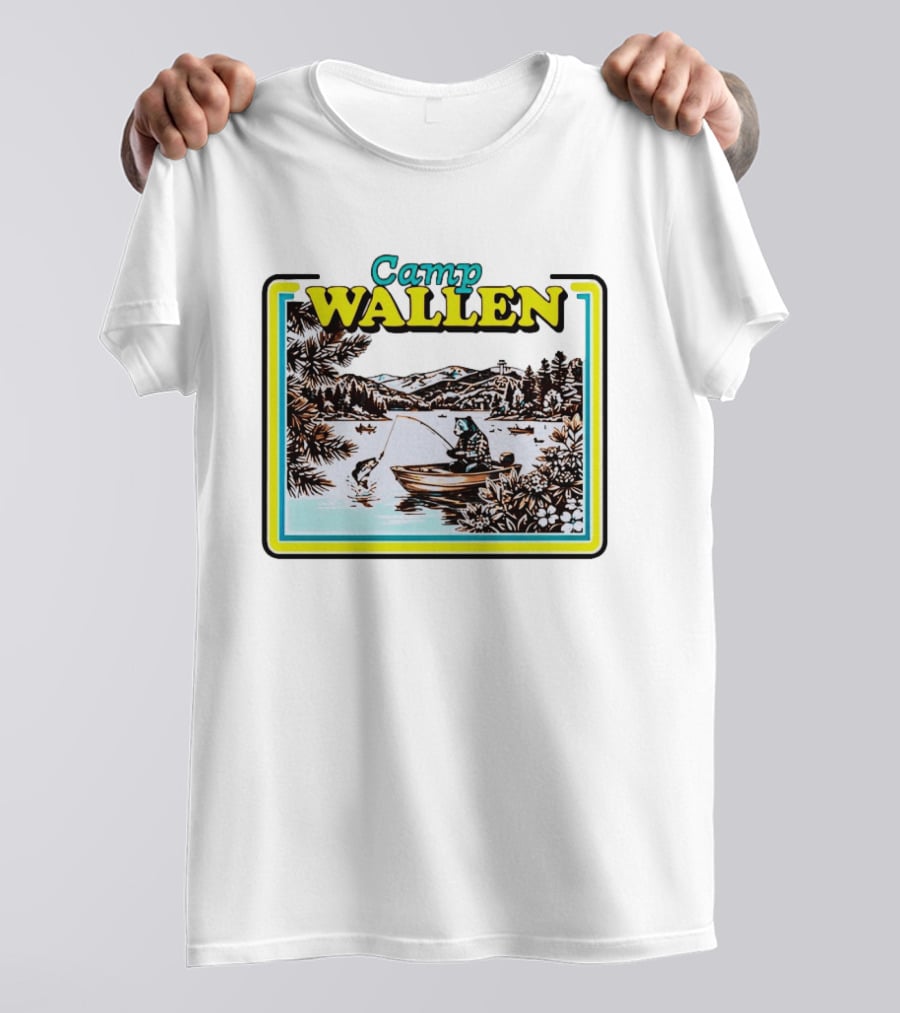 Camp Wallen Bear Fishing In Lake And Mountains Scene T-Shirt