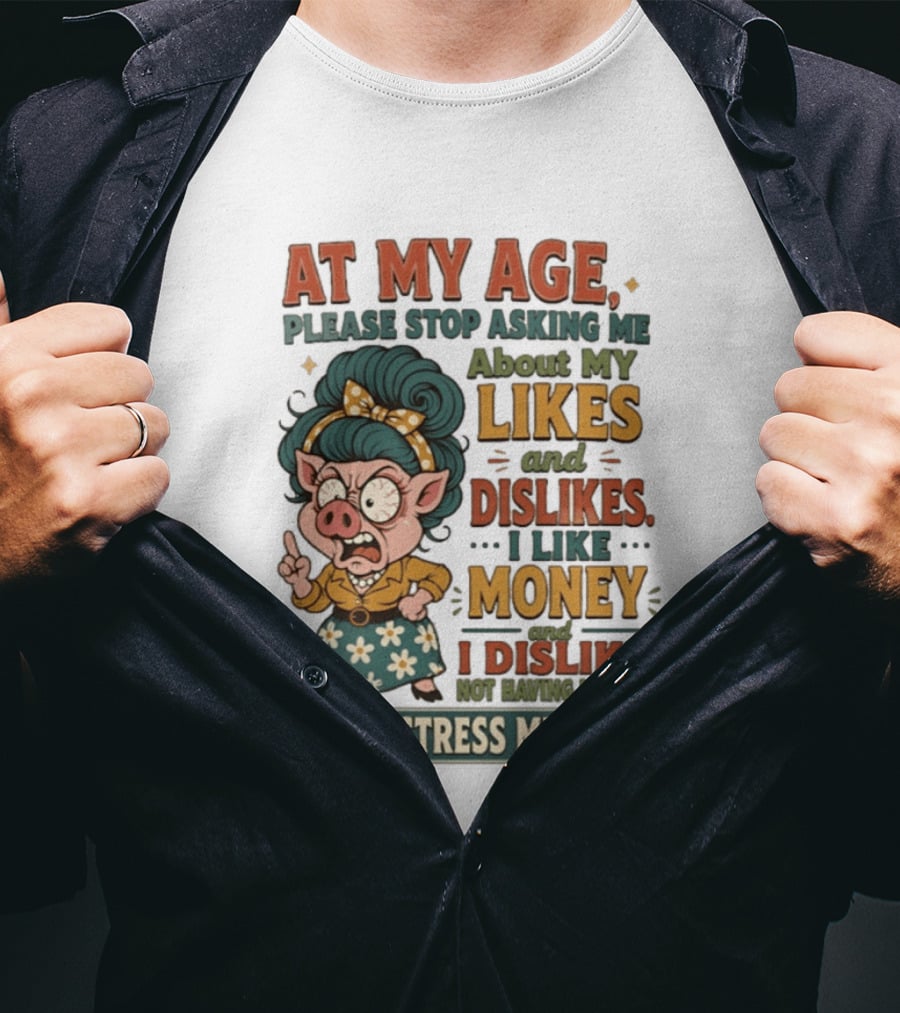 At My Age Please Stop Asking About My Likes I Like Money I Dislike Not Having Money Don't Stress Me Out T-Shirt