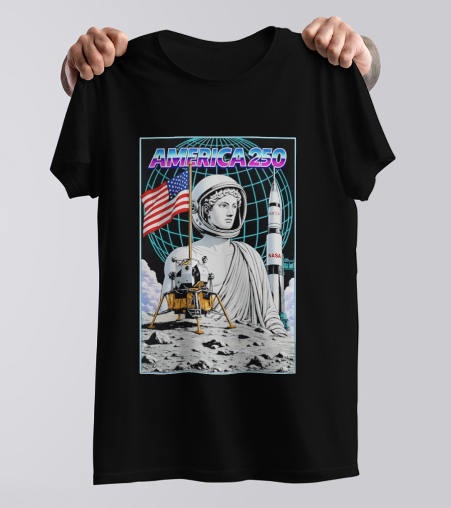 America 250 Apollo Space Rocket NASA Flag Astronaut Statue Moon T-Shirt