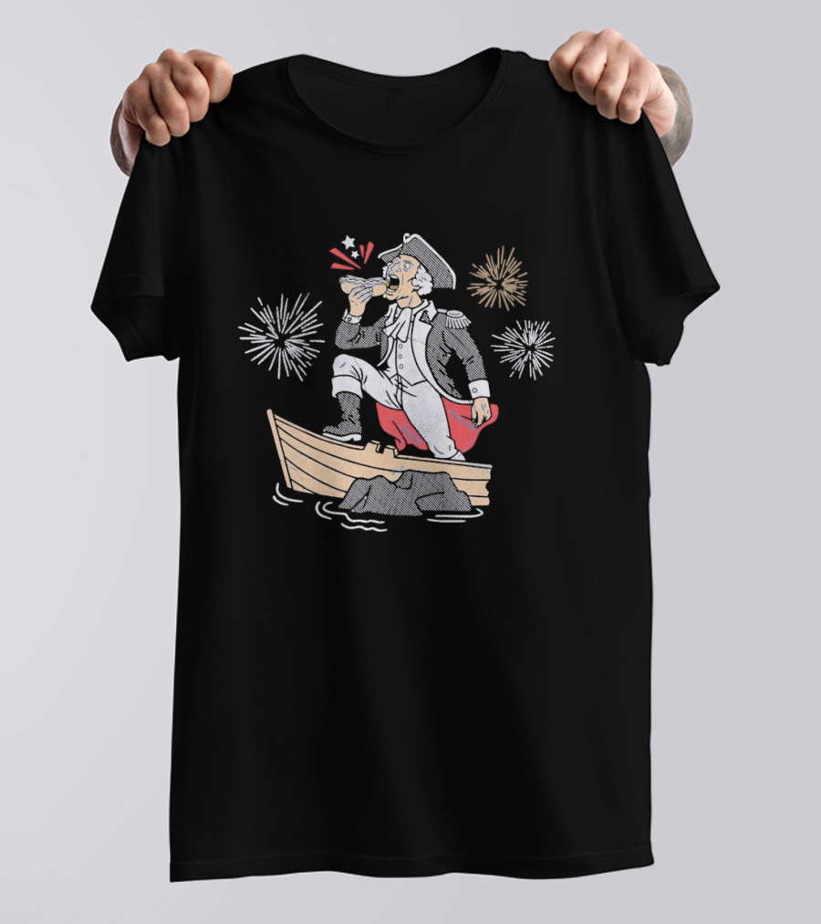 George Washington On Boat Eating Hot Dog With Fireworks Display T-Shirt
