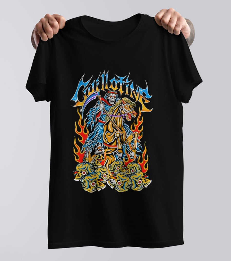Guillotine Grim Reaper Riding Fiery Horse With Skull And Flames Heavy Metal Concert T-Shirt
