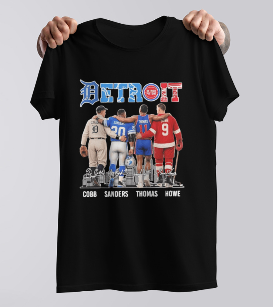 Detroit Icons Ty Cobb Barry Sanders Isiah Thomas Gordie Howe Signatures Skyline T-Shirt