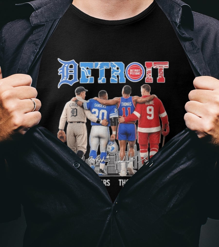 Detroit Icons Ty Cobb Barry Sanders Isiah Thomas Gordie Howe Signatures Skyline T-Shirt