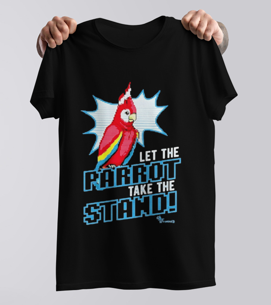 Let The Parrot Take The Stand Vibrant Red Bird With Santa Hat And Blue Starburst T-Shirt