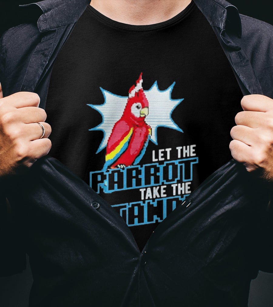 Let The Parrot Take The Stand Vibrant Red Bird With Santa Hat And Blue Starburst T-Shirt