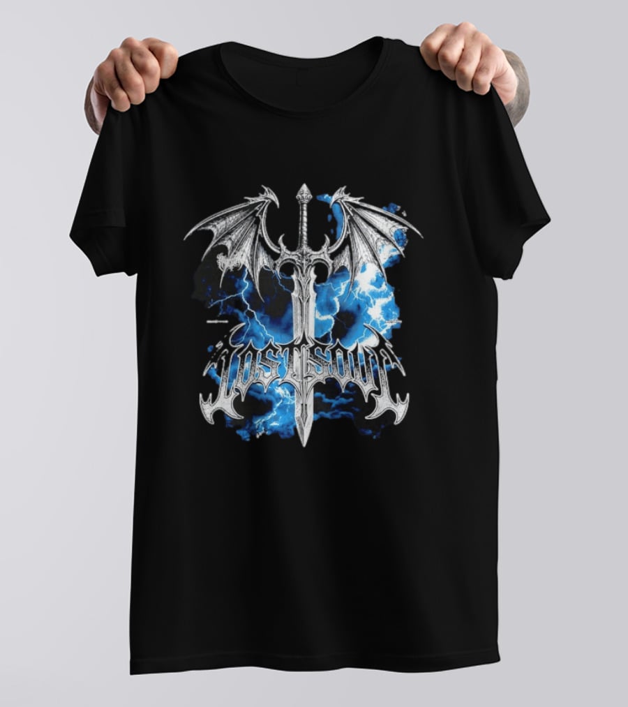 Lost Soul Gothic Sword With Wings And Blue Lightning T-Shirt
