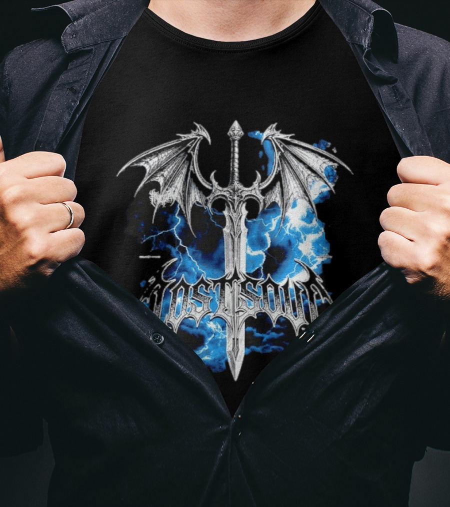 Lost Soul Gothic Sword With Wings And Blue Lightning T-Shirt