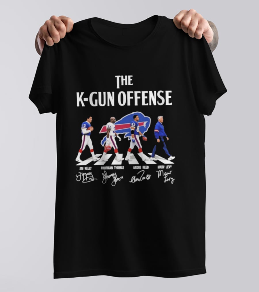 The K Gun Offense Buffalo Bills Jim Kelly Thurman Thomas Andre Reed Marv Levy Abbey Road With Signatures T-Shirt