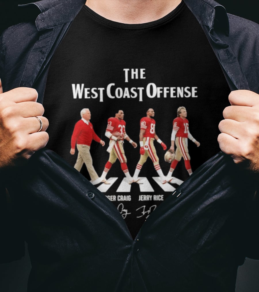 The West Coast Offense Bill Walsh Roger Craig Jerry Rice Joe Montana SF 49ers Abbey Road Signatures T-Shirt