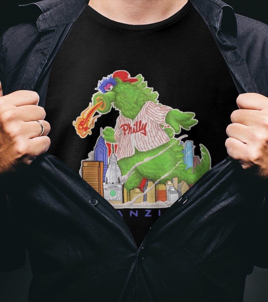Phillie Phanatic Phanzilla Cityscape Fire Breathing Baseball T-Shirt