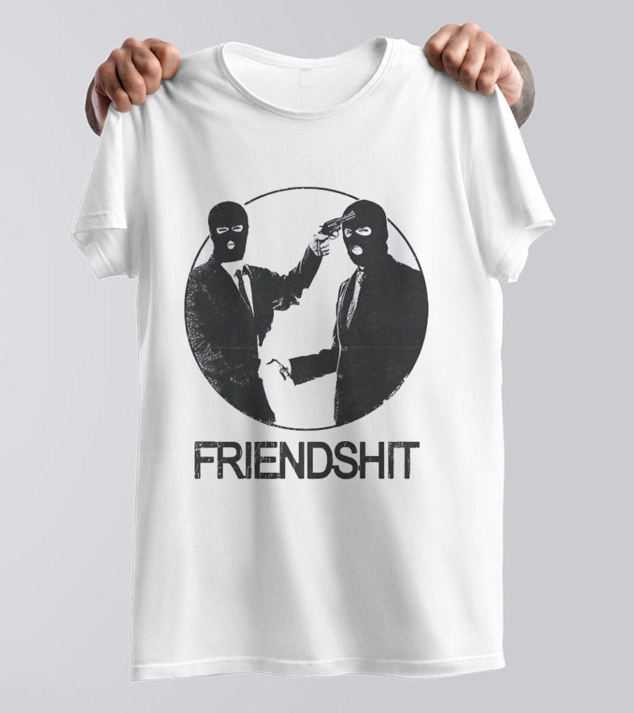 FRIENDSHIT Ski Mask Men Handshaking Gun Gesture T-Shirt