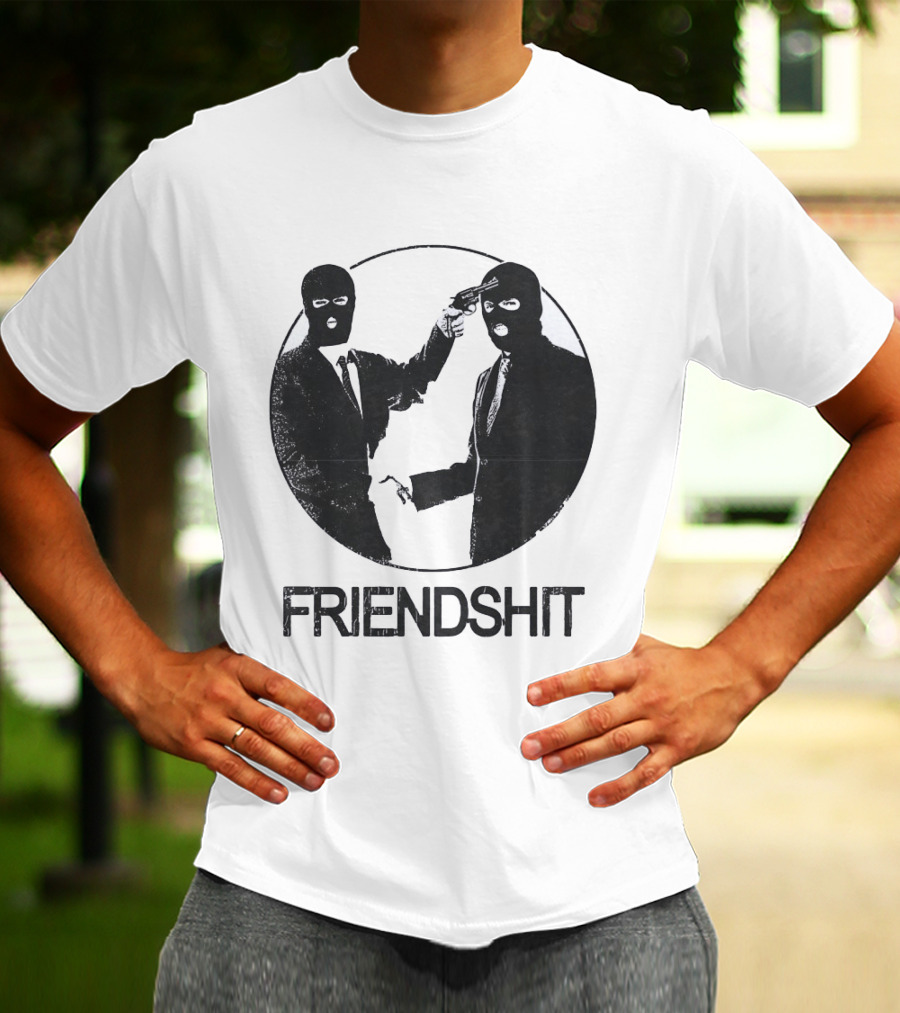 FRIENDSHIT Ski Mask Men Handshaking Gun Gesture T-Shirt