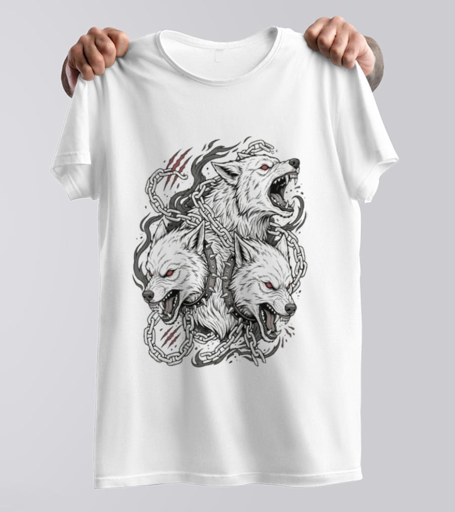 Three Headed Wolf Cerberus Mythology Red Eyes Fierce Gaze T-Shirt