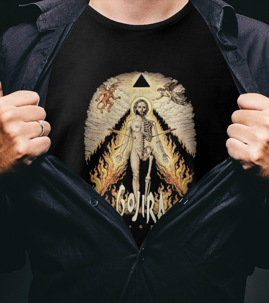 Gojira Magma Half Skeleton Half Human Devil Angel Flames Pyramid T-Shirt
