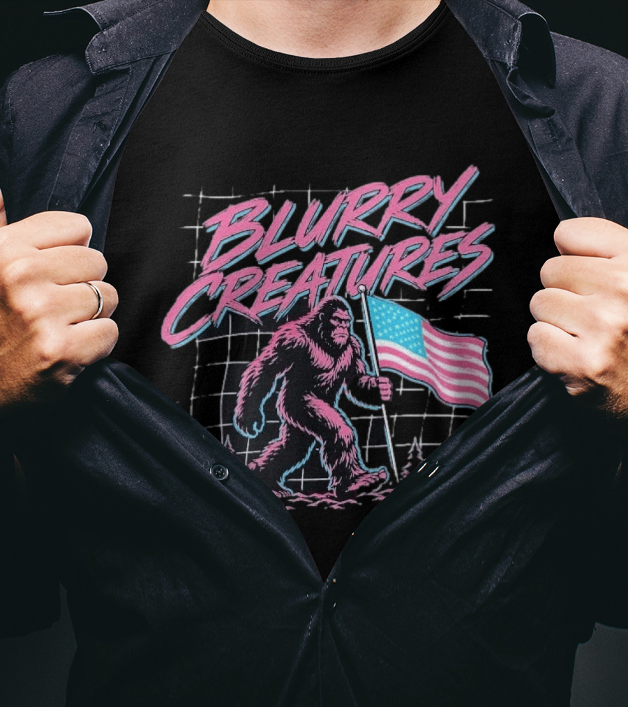 Blurry Creatures Bigfoot Holding American Flag With Retro Grid T-Shirt