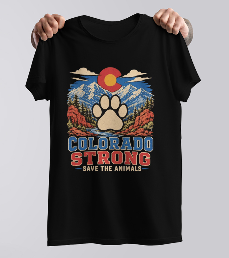 Colorado Strong Paw Print Save The Animals Mountain Sunset Landscape T-Shirt