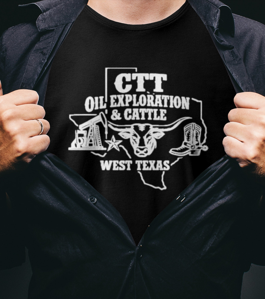 CTT Oil Exploration Cattle West Texas Longhorn Map Boots T-Shirt
