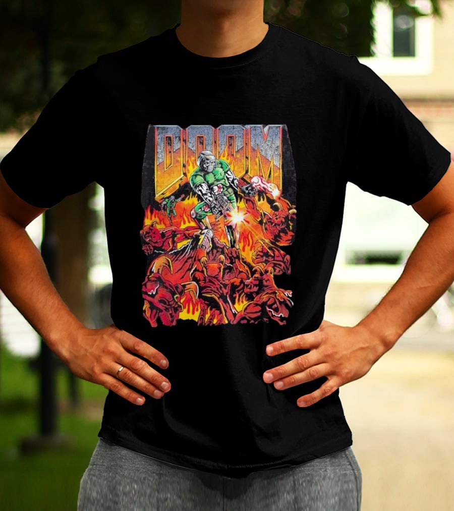Doom Marine Warren Lotas Retro Video Game Demon Slayer Action Scene T-Shirt