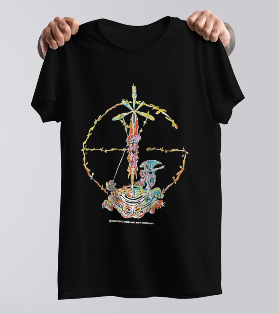 Psychedelic Skeleton Cross Barbed Wire Flowers T-Shirt