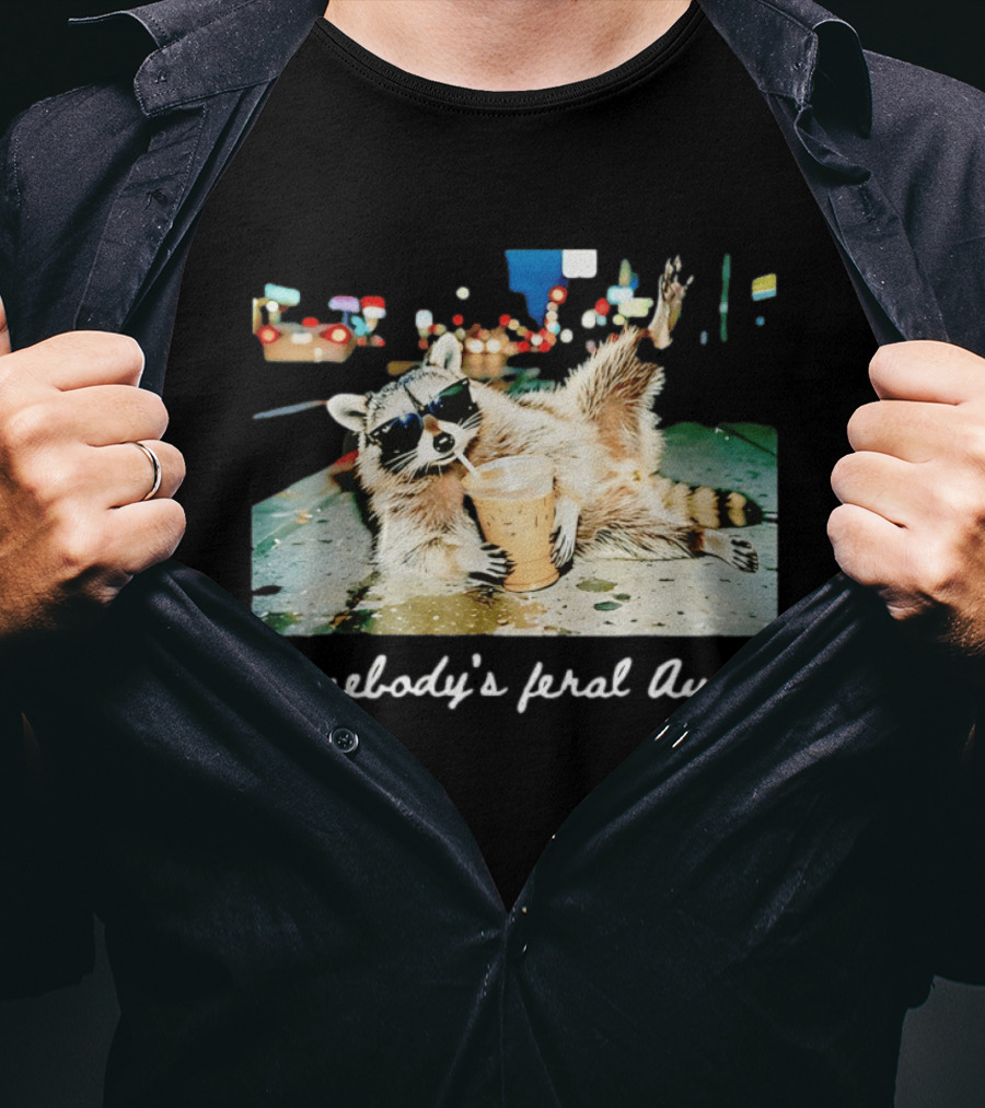 Somebody's Feral Aunt Raccoon Drinking Iced Coffee T-Shirt