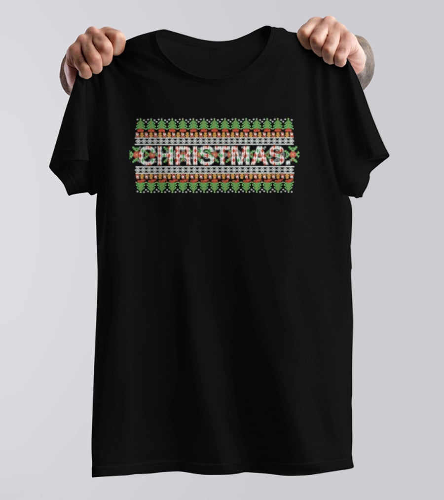 Santa And Cookie Christmas Ugly Sweater Pattern Holiday Festive Green Red T-Shirt