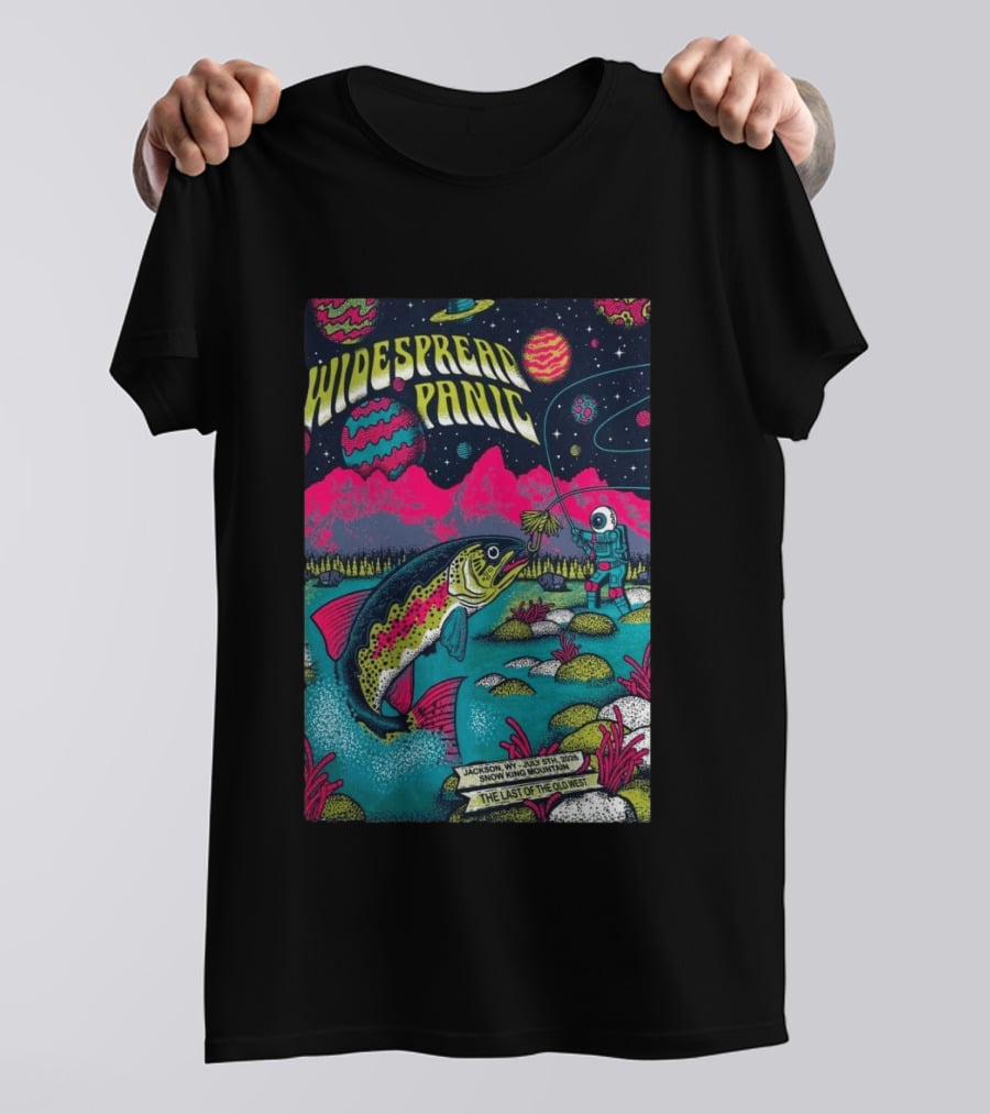 Widespread Panic Jul 5 2026 Snow King Mountain Jackson WY Cosmic Fishing Astronaut And Giant Fish Fantasy Scene T-Shirt