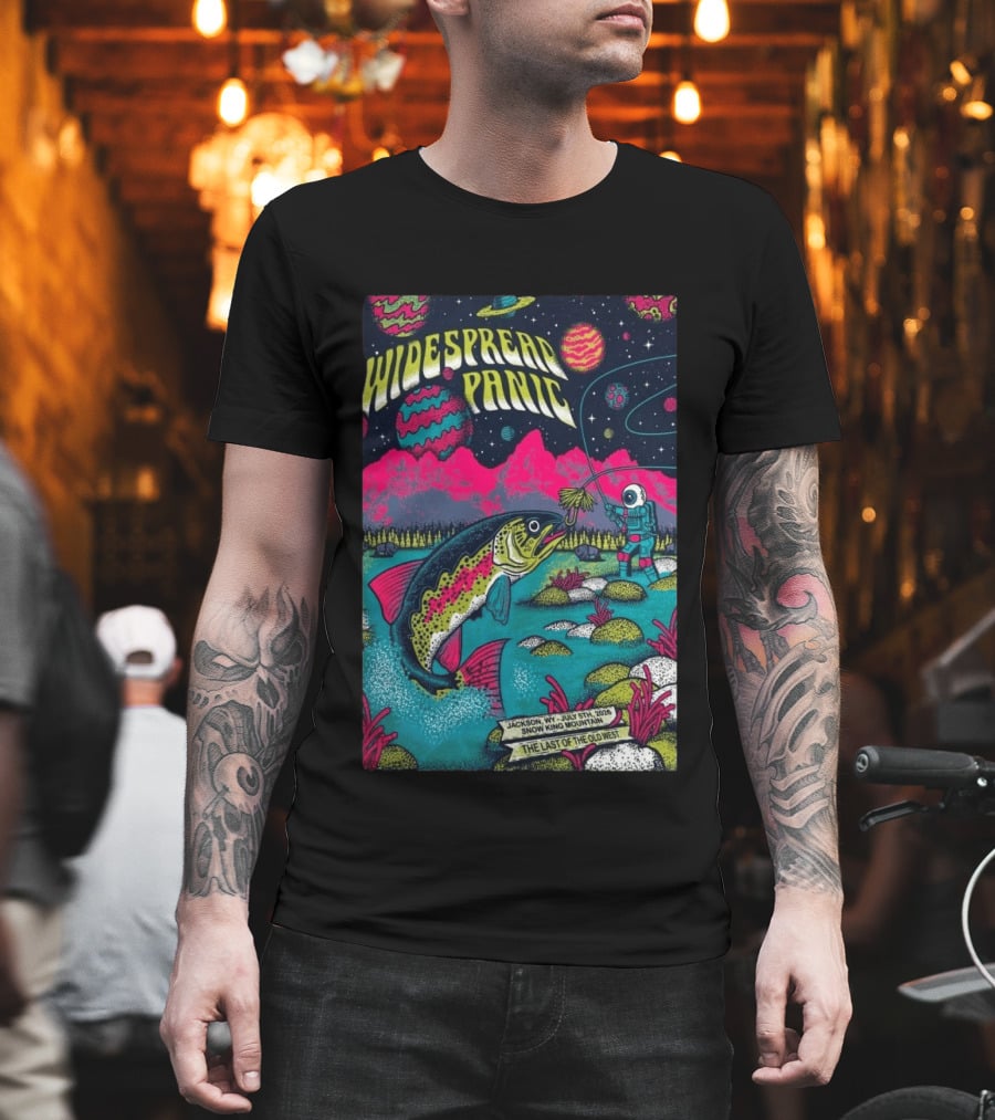 Widespread Panic Jul 5 2026 Snow King Mountain Jackson WY Cosmic Fishing Astronaut And Giant Fish Fantasy Scene T-Shirt
