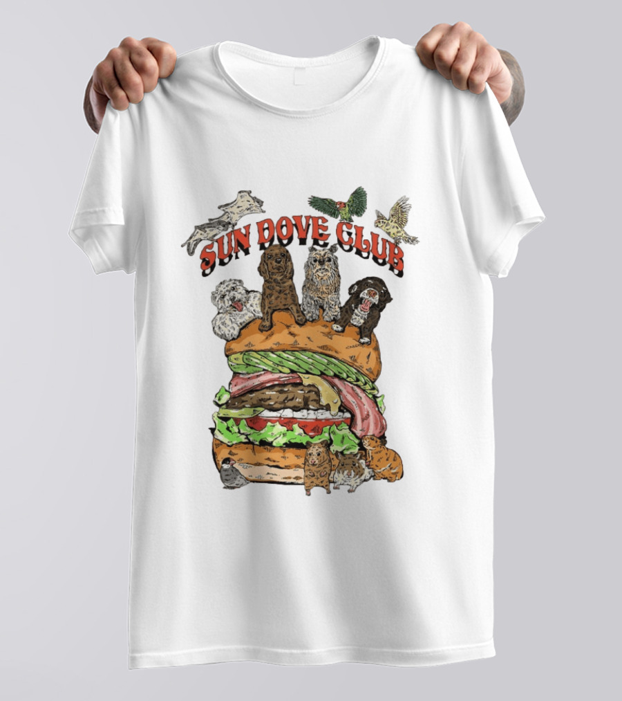 Sun Dove Club Animals On Giant Burger With Dogs And Birds T-Shirt
