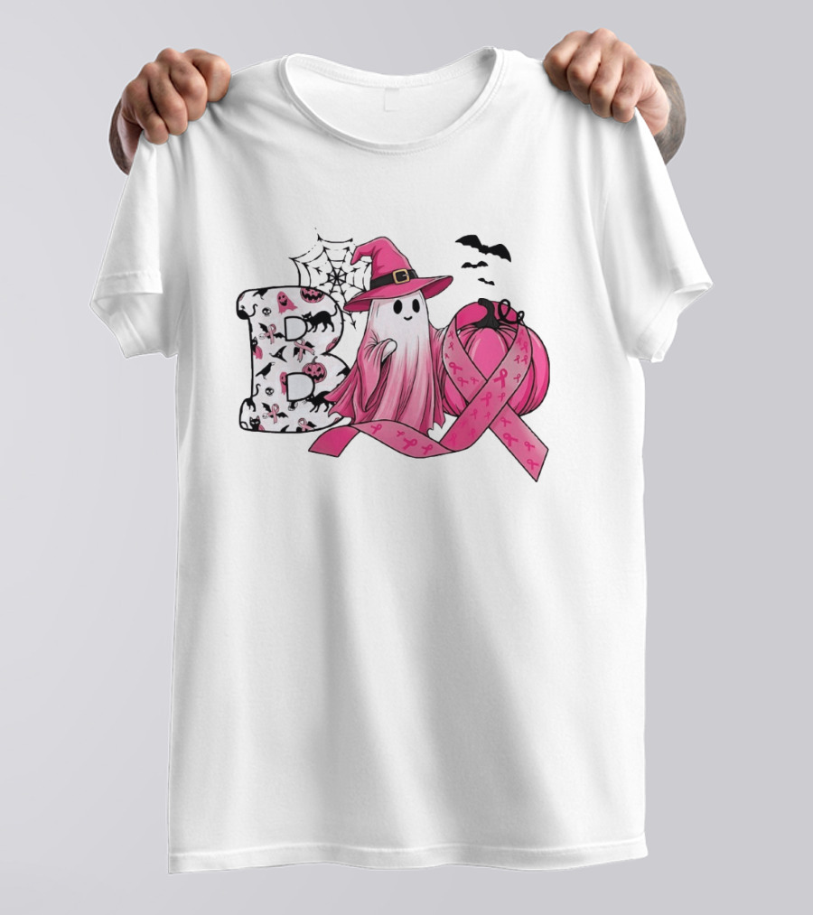 Boo Ghost Witch Pink Breast Cancer Ribbon Halloween Pumpkin T-Shirt