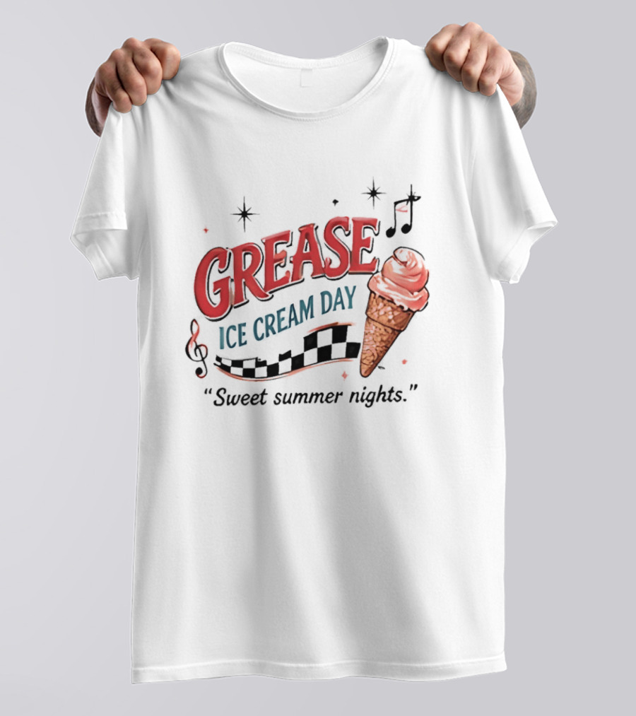 Grease Ice Cream Day Sweet Summer Nights Ice Cream Cone Music Notes Stars T-Shirt