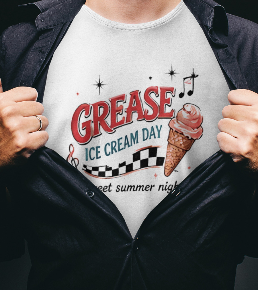 Grease Ice Cream Day Sweet Summer Nights Ice Cream Cone Music Notes Stars T-Shirt